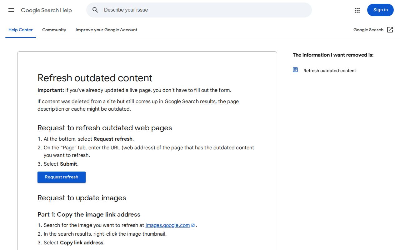 Google outdated content refresh help page
